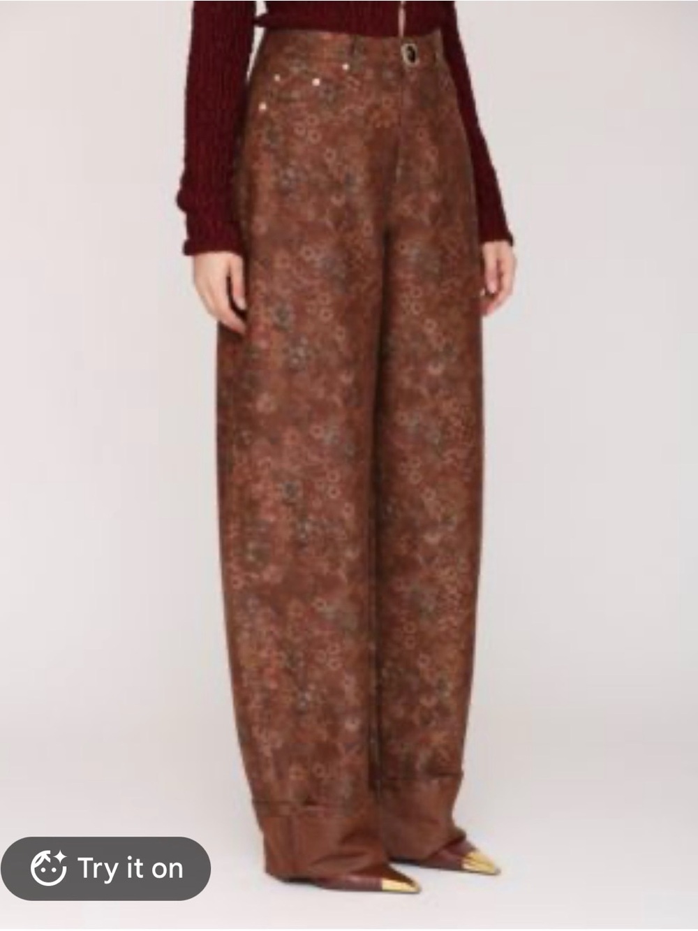 Avec Les Filles Brown Floral Jacquard Wide-Leg Pants